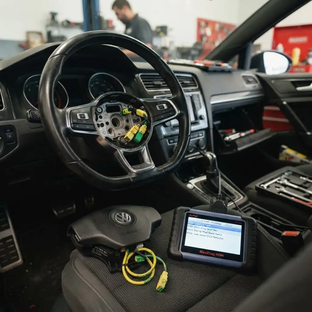 Técnico trabajando en un módulo de airbag