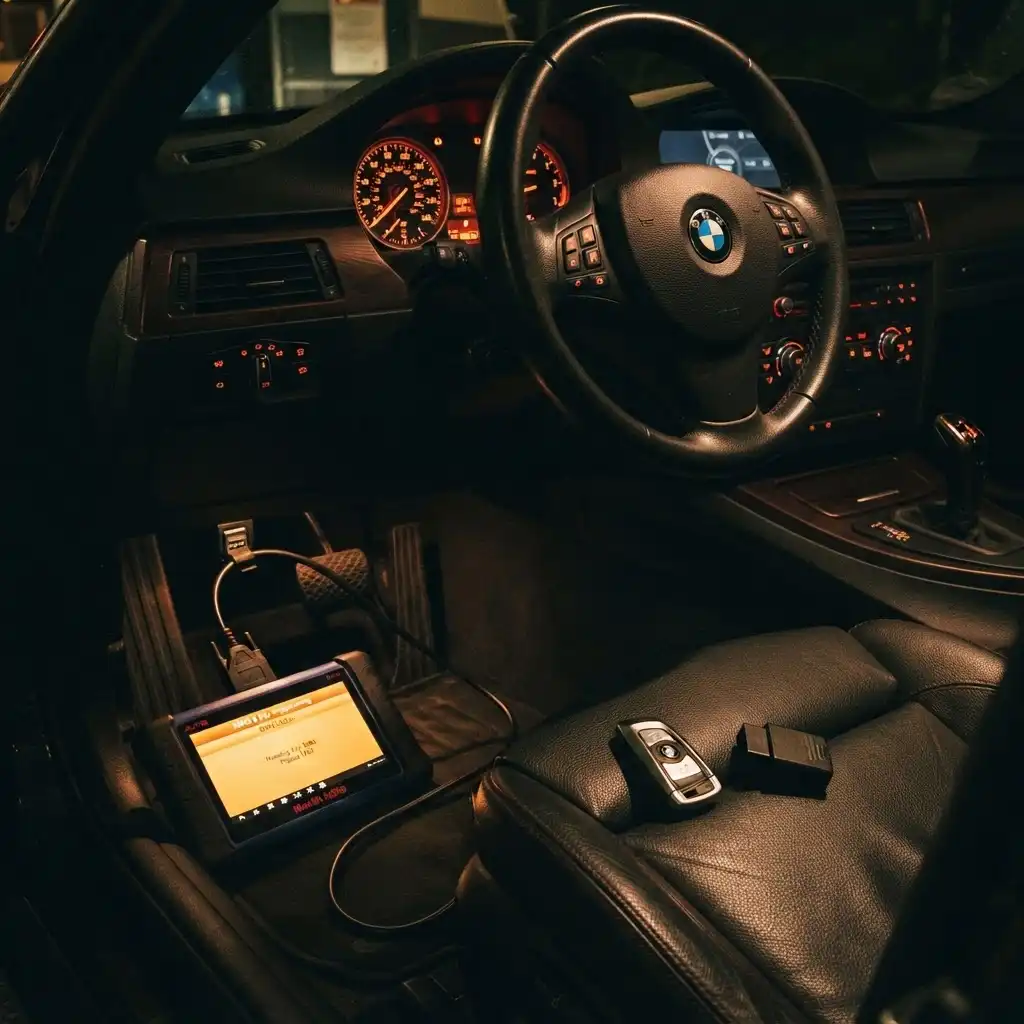 Cerrajero automotriz programando una llave con chip